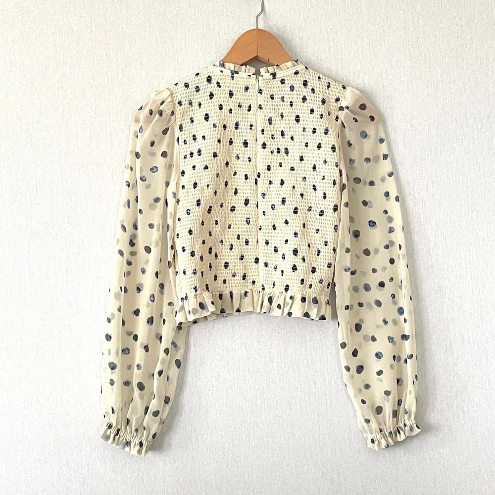 Aritzia Cream Blouson Sleeve Smocked Top with Navy Dot Print - Picture 4 of 10